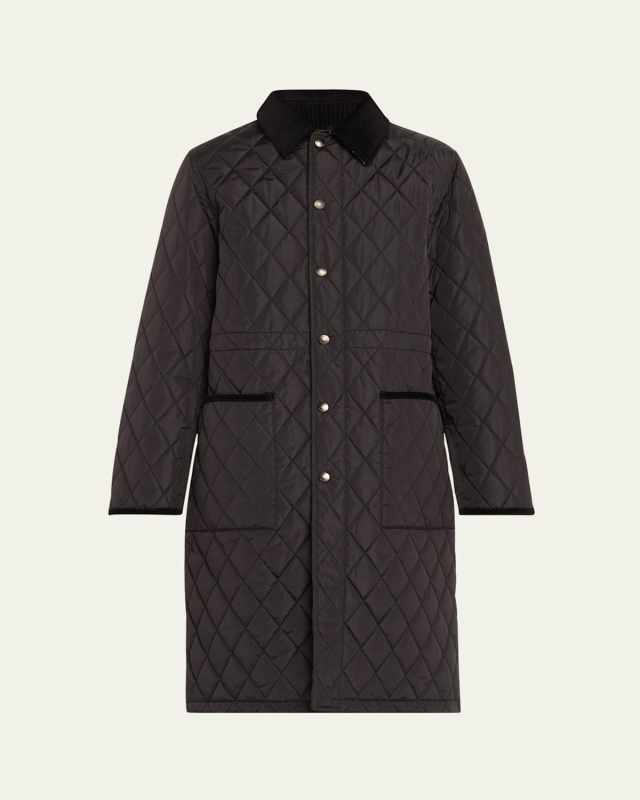 Corduroy-Collar Quilted Long Jacket